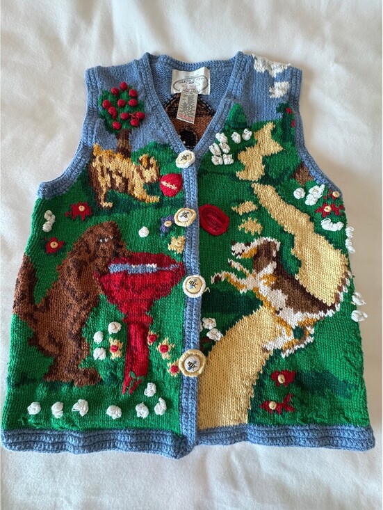 Eagles Eye Sweaters - Vintage Eagle's Eye Collectibles Large Hand-Knit Vest with Dog and Park Motif